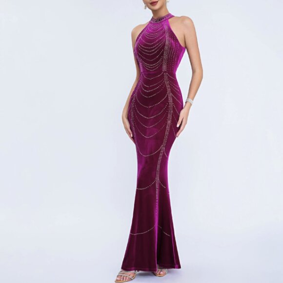 Handwork Dresses & Skirts - NWT Halter Neck Rhinestone Mermaid Gala Dress Plum